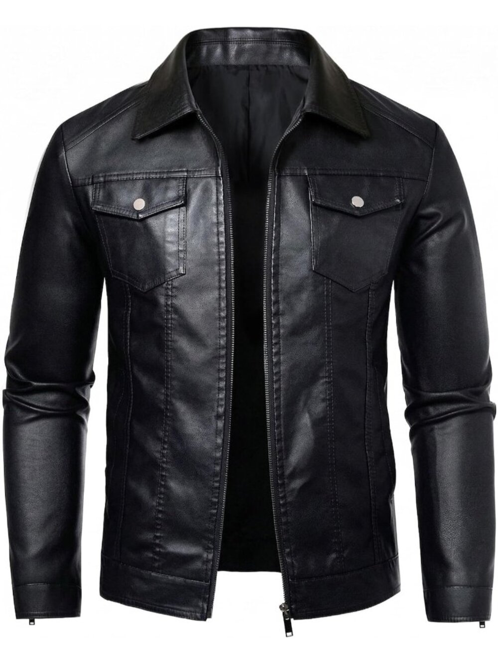 Men's All Black Faux Leather Two Side Hand Pockets Motorcycle Biker Jacket